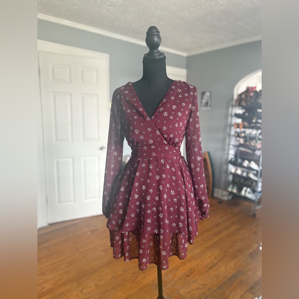Purple floral sheer puff sleeve deep v-neck spring dress